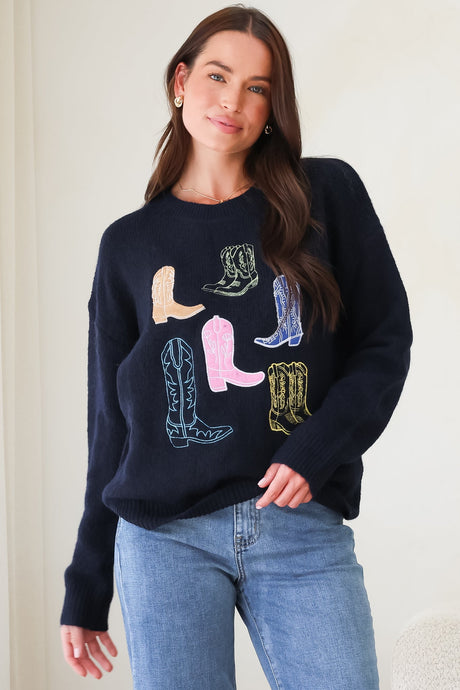 Shelby Jumper - Cowgirl Boot Graphic Long Sleeve Knit in Navy