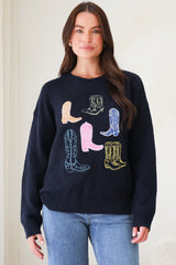 Model wearing Shelby Jumper in Navy from Salty Crush