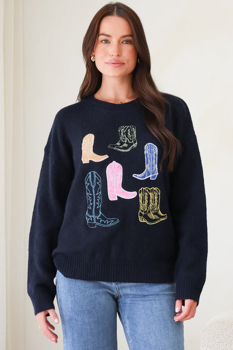 Model wearing Shelby Jumper in Navy from Salty Crush