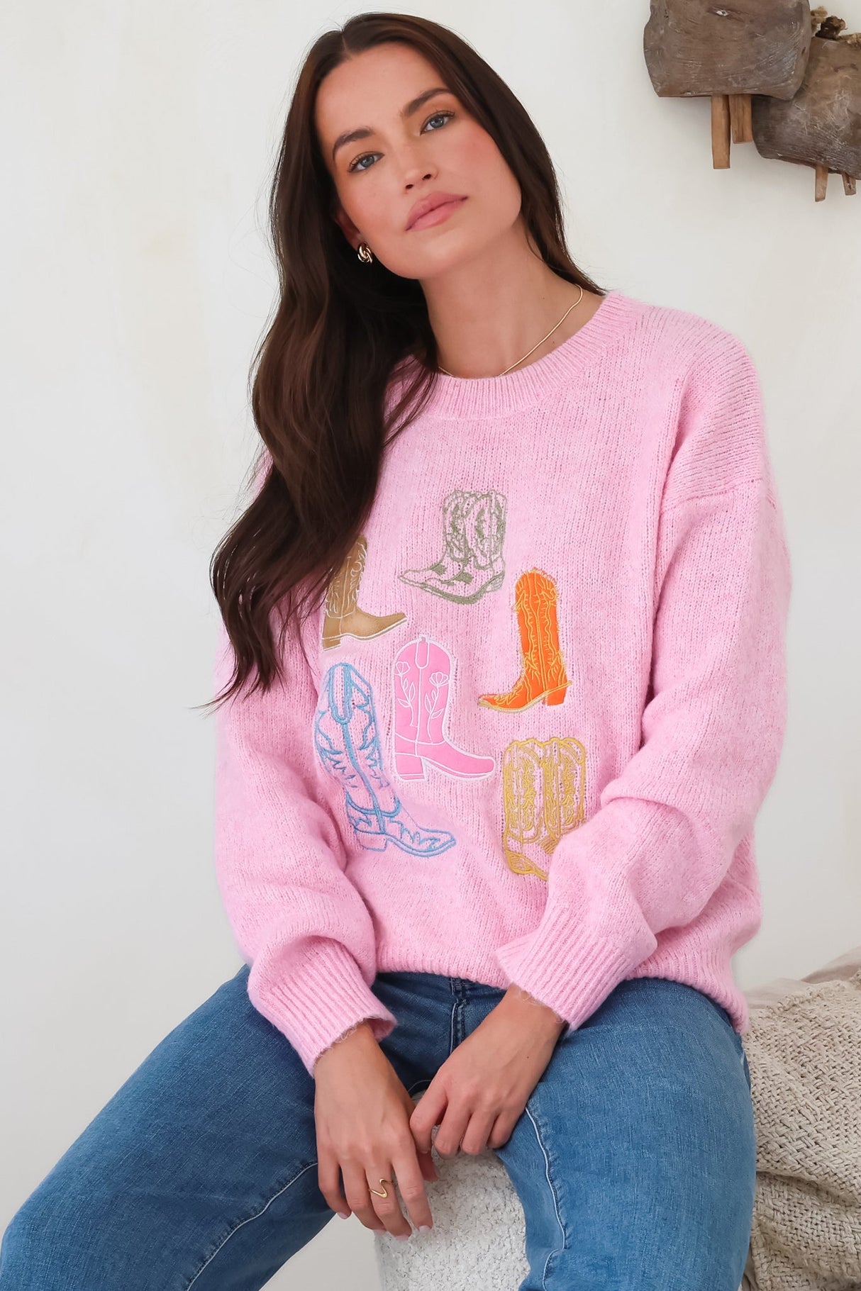 Model wearing Shelby Jumper in Pink from Salty Crush