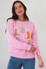 Shelby Jumper - Cowgirl Boot Graphic Long Sleeve Knit in Pink
