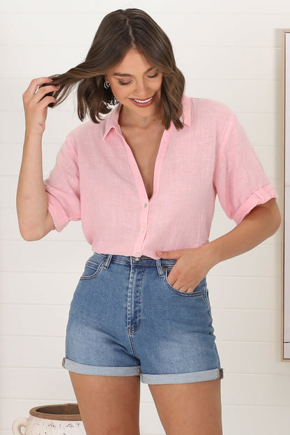 Shelly Shirt - Linen Collared Button Down Shirt in Barbie Pink