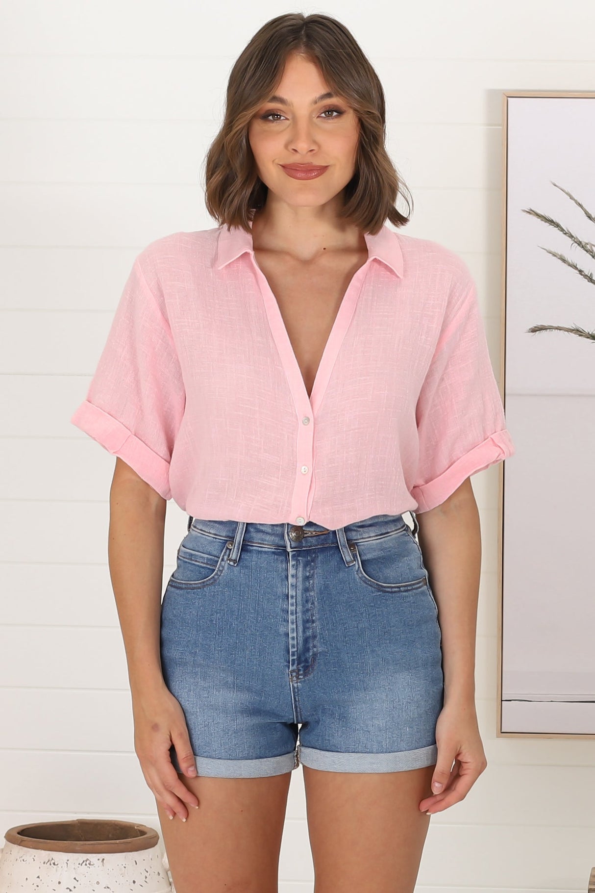 Shelly Shirt - Linen Collared Button Down Shirt in Barbie Pink