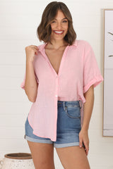 Shelly Shirt - Linen Collared Button Down Shirt in Barbie Pink