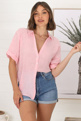 Shelly Shirt - Linen Collared Button Down Shirt in Barbie Pink