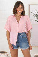 Shelly Shirt - Linen Collared Button Down Shirt in Barbie Pink