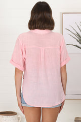 Shelly Shirt - Linen Collared Button Down Shirt in Barbie Pink