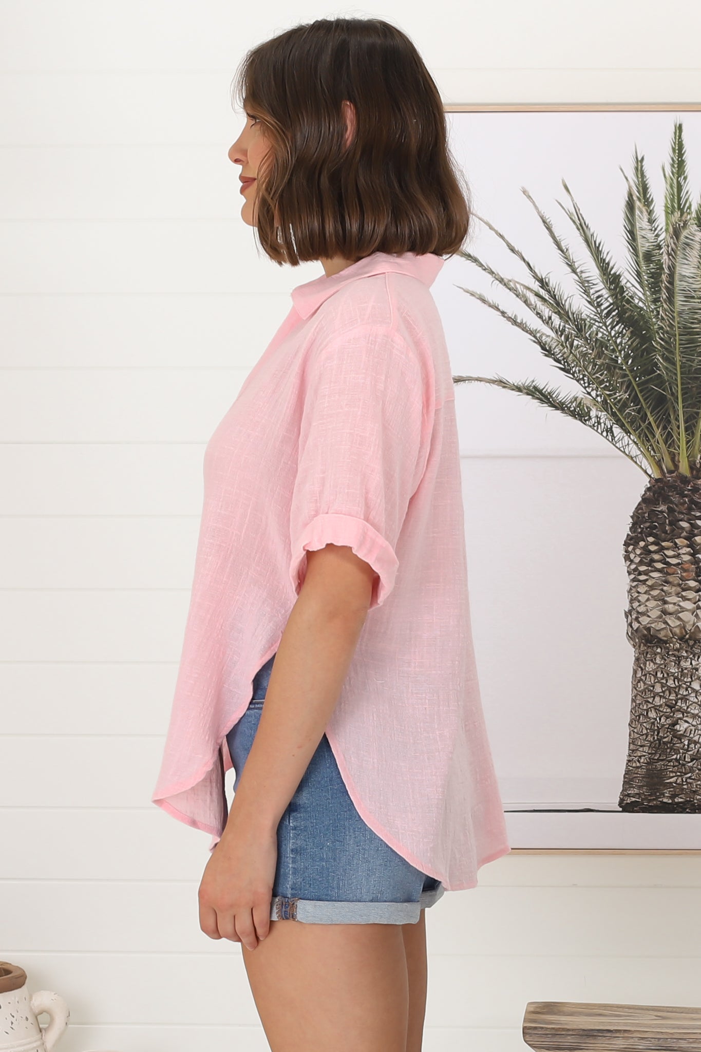 Shelly Shirt - Linen Collared Button Down Shirt in Barbie Pink