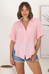 Shelly Shirt - Linen Collared Button Down Shirt in Barbie Pink