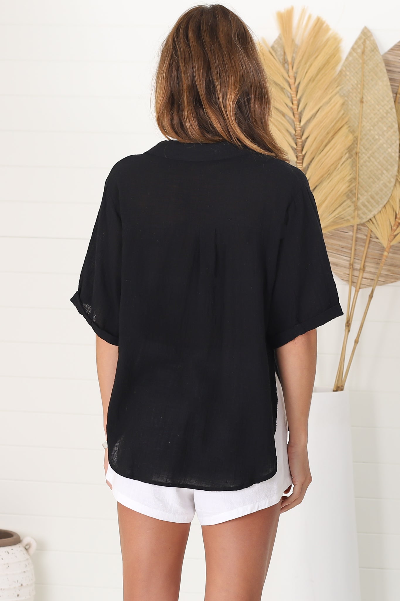 Shelly Shirt - Linen Collared Button Down Shirt in Black