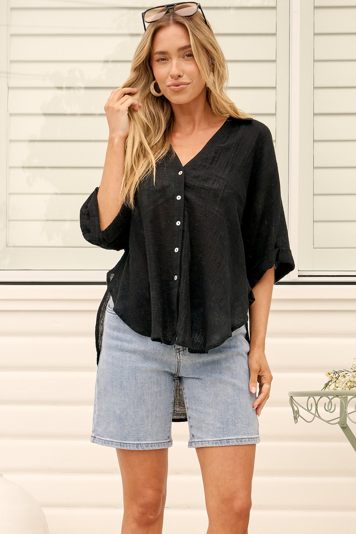 Shelly Shirt - Linen Collared Button Down Shirt in Black