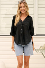 Shelly Shirt - Linen Collared Button Down Shirt in Black