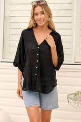 Shelly Shirt - Linen Collared Button Down Shirt in Black