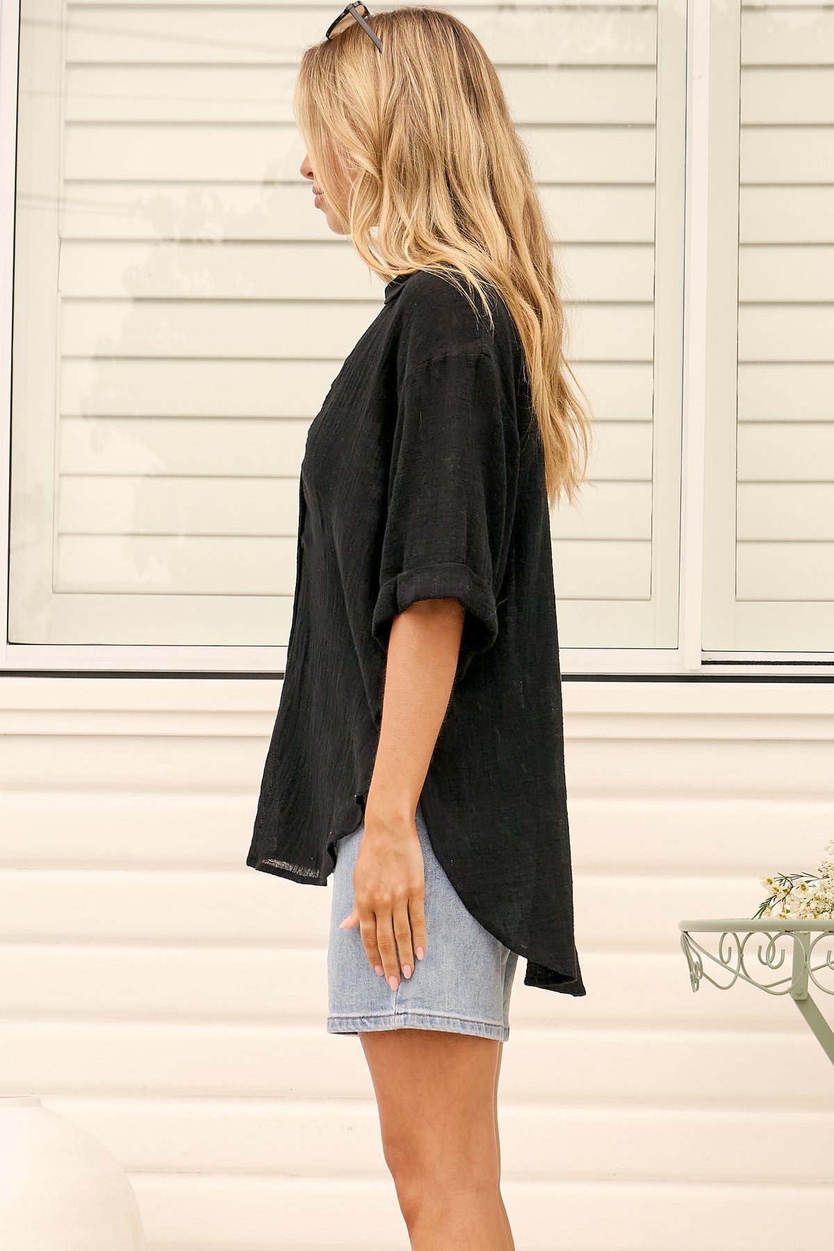 Shelly Shirt - Linen Collared Button Down Shirt in Black