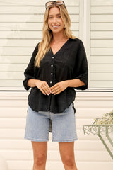 Shelly Shirt - Linen Collared Button Down Shirt in Black