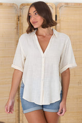 Shelly Shirt - Linen Collared Button Down Shirt in Cream