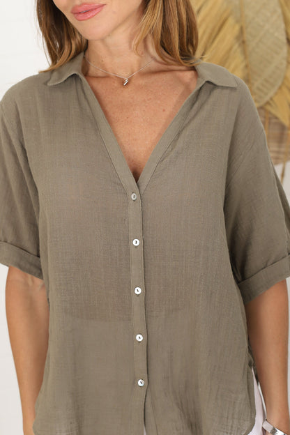 Shelly Shirt - Linen Collared Button Down Shirt in Khaki