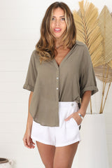 Shelly Shirt - Linen Collared Button Down Shirt in Khaki