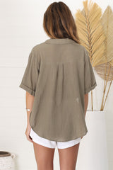 Shelly Shirt - Linen Collared Button Down Shirt in Khaki