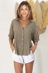 Shelly Shirt - Linen Collared Button Down Shirt in Khaki