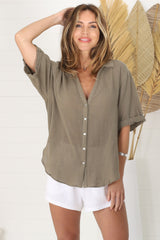 Shelly Shirt - Linen Collared Button Down Shirt in Khaki