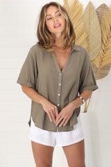 Shelly Shirt - Collared Button Down Shirt in Khaki