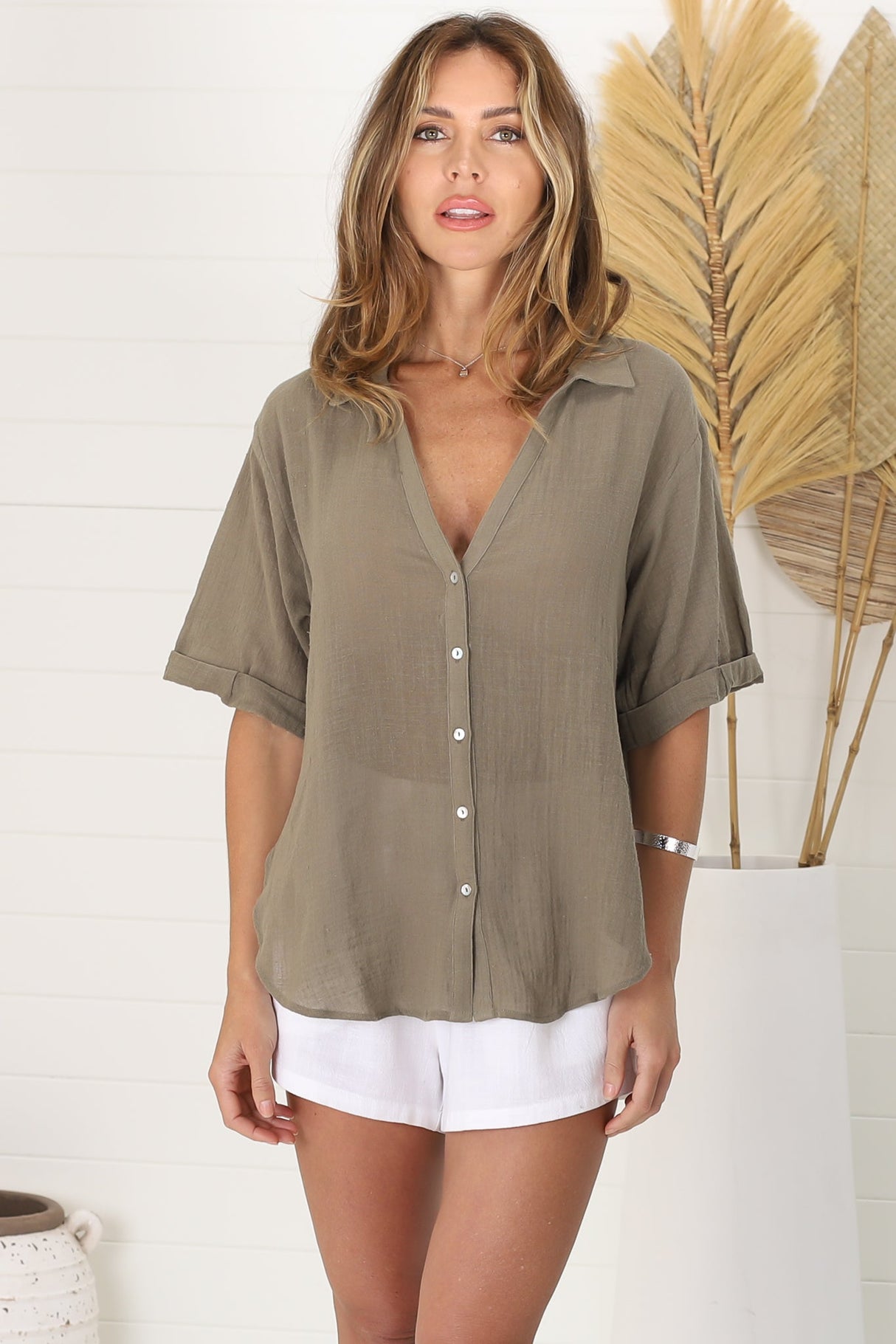 Shelly Shirt - Linen Collared Button Down Shirt in Khaki