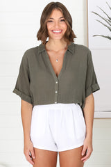 Shelly Shirt - Linen Collared Button Down Shirt in Military Green