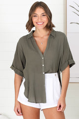 Shelly Shirt - Linen Collared Button Down Shirt in Military Green