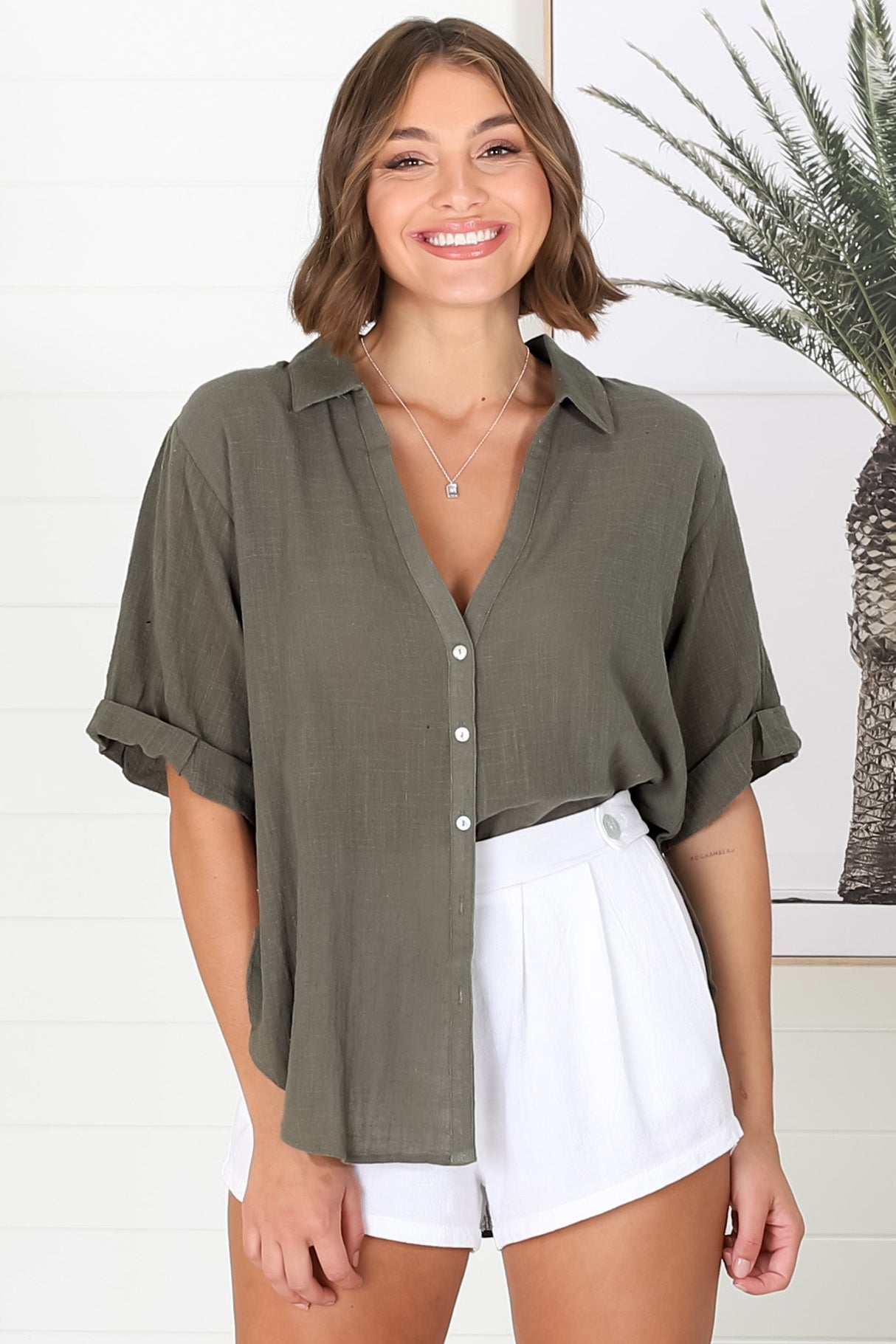 Shelly Shirt - Linen Collared Button Down Shirt in Military Green