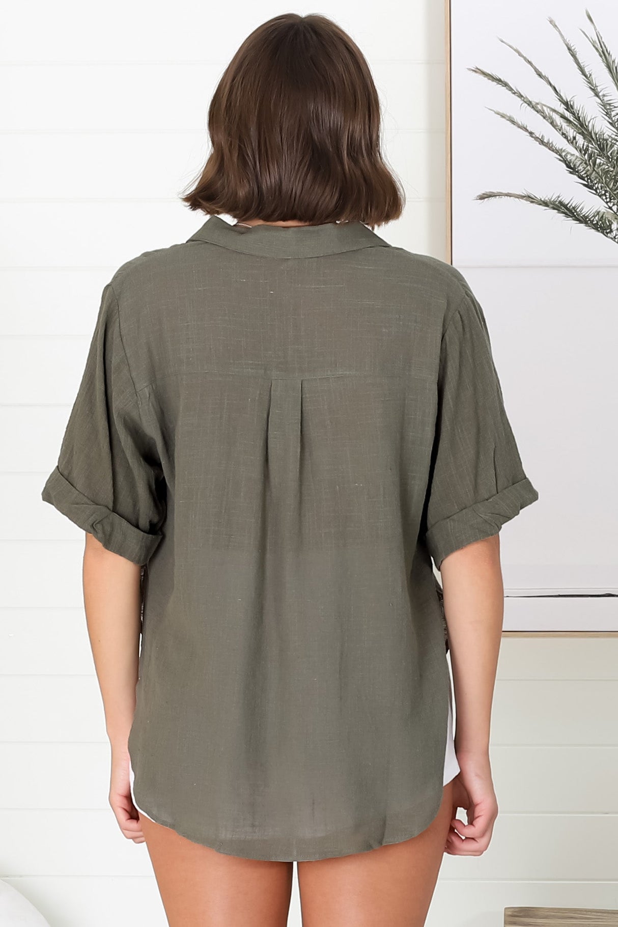 Shelly Shirt - Linen Collared Button Down Shirt in Military Green