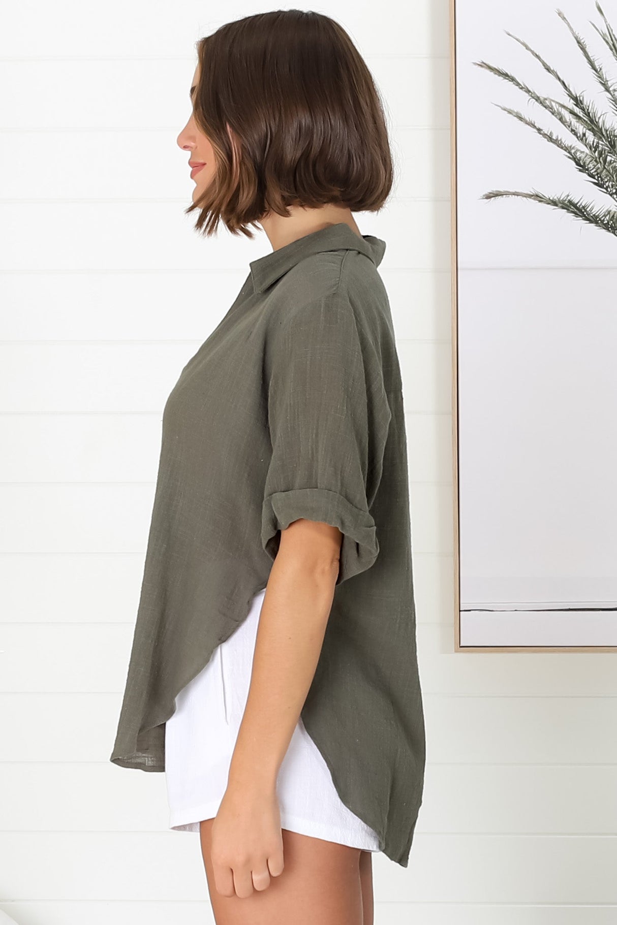 Shelly Shirt - Linen Collared Button Down Shirt in Military Green