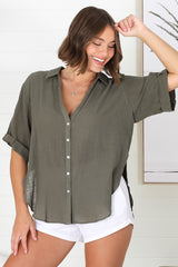 Shelly Shirt - Linen Collared Button Down Shirt in Military Green