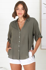 Shelly Shirt - Linen Collared Button Down Shirt in Military Green