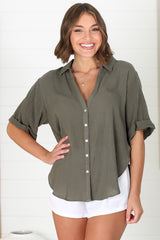 Shelly Shirt - Linen Collared Button Down Shirt in Military Green