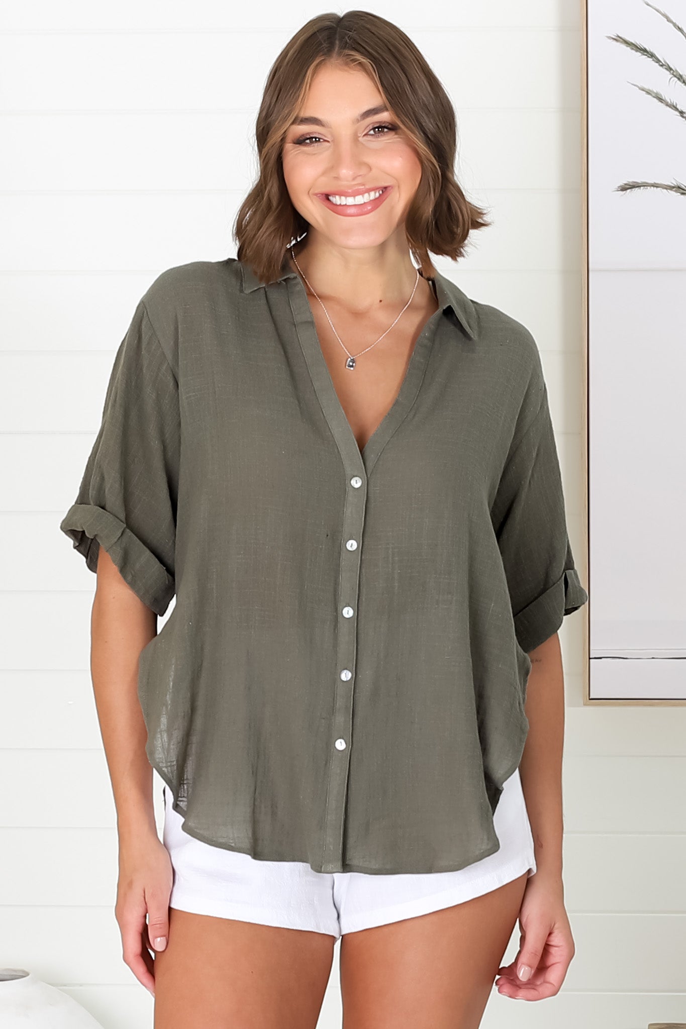 Shelly Shirt - Linen Collared Button Down Shirt in Military Green