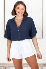 Shelly Shirt - Linen Collared Button Down Shirt in Navy