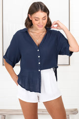 Shelly Shirt - Linen Collared Button Down Shirt in Navy