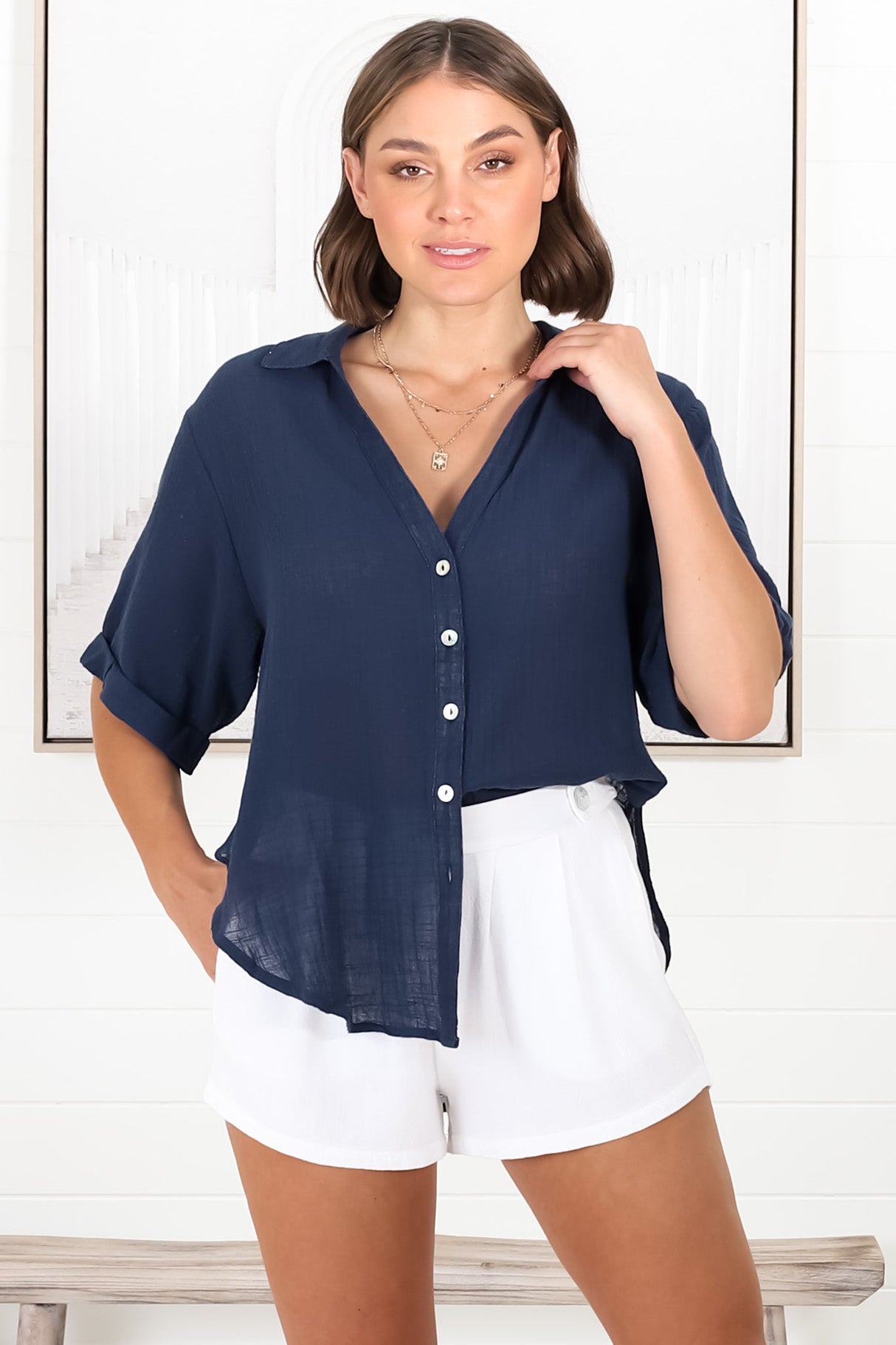 Shelly Shirt - Linen Collared Button Down Shirt in Navy