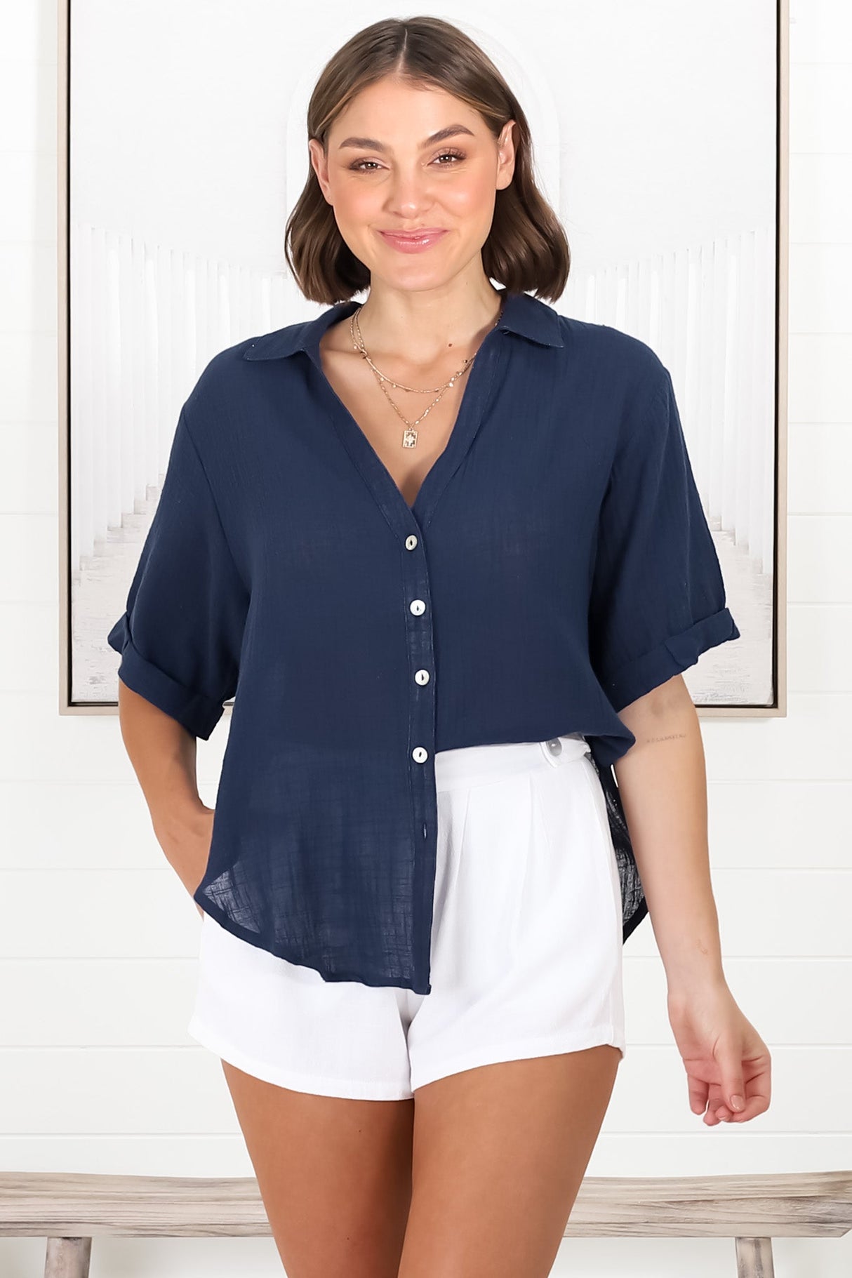 Shelly Shirt - Linen Collared Button Down Shirt in Navy