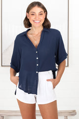 Shelly Shirt - Linen Collared Button Down Shirt in Navy