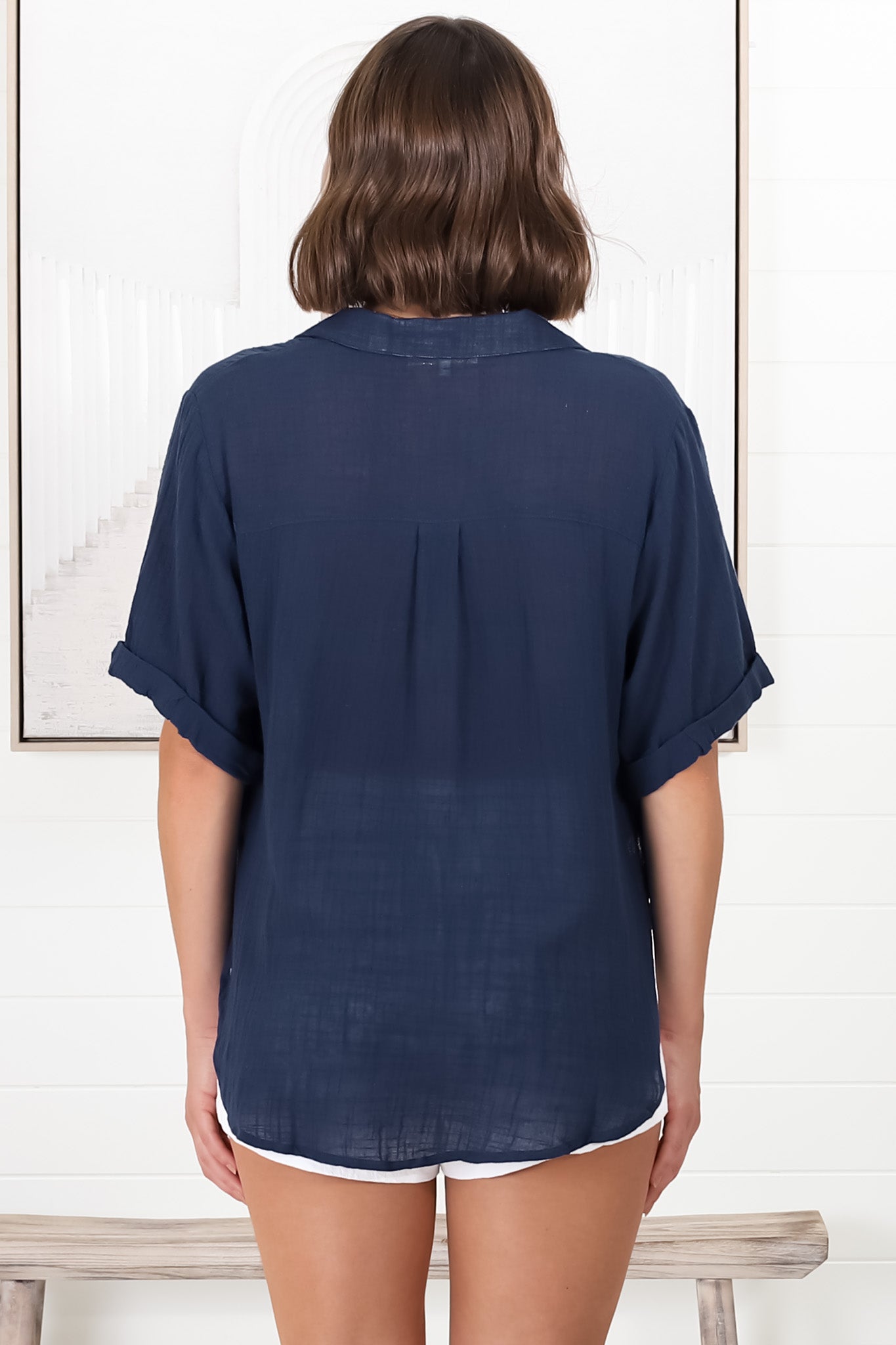 Shelly Shirt - Linen Collared Button Down Shirt in Navy