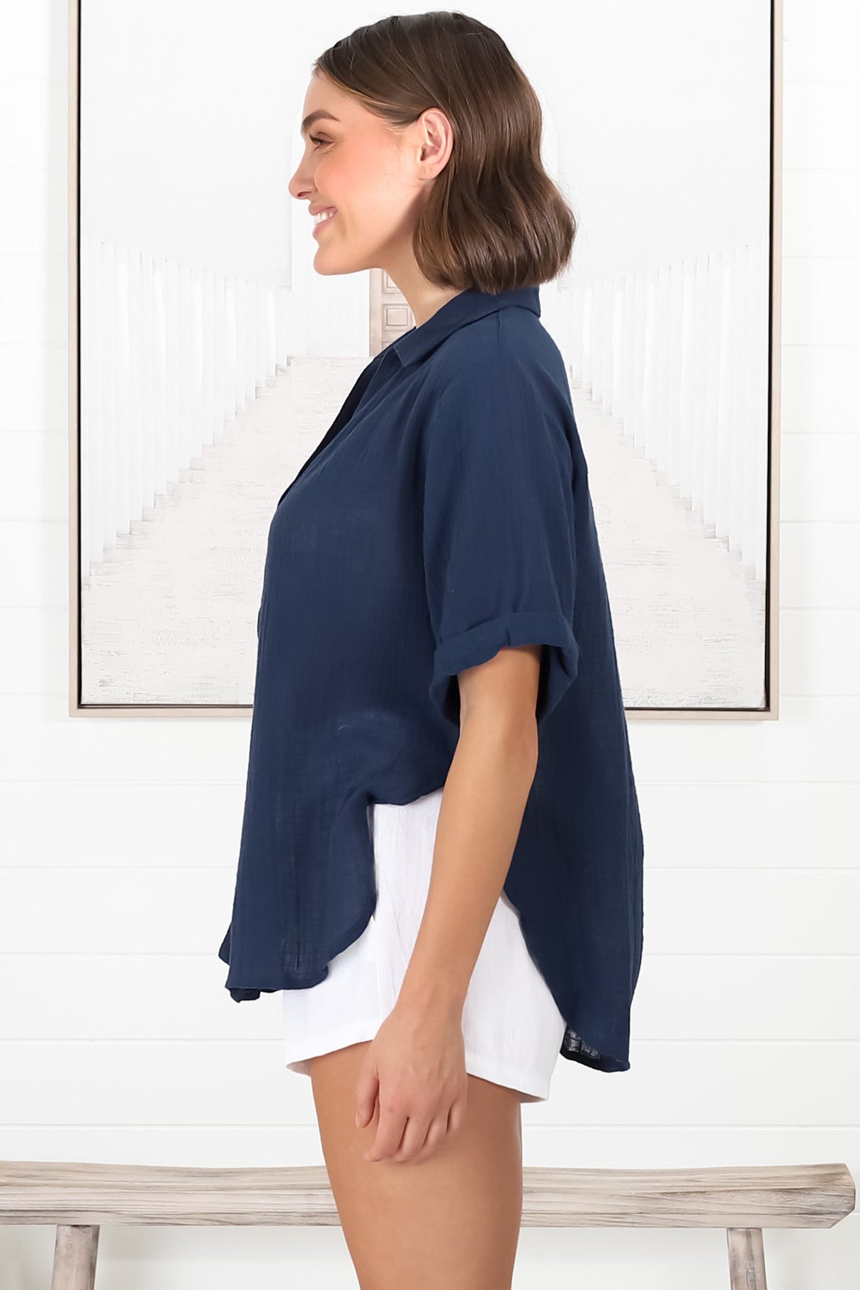 Shelly Shirt - Linen Collared Button Down Shirt in Navy