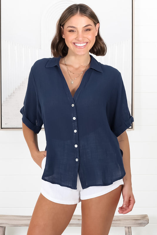 Shelly Shirt - Linen Collared Button Down Shirt in Navy