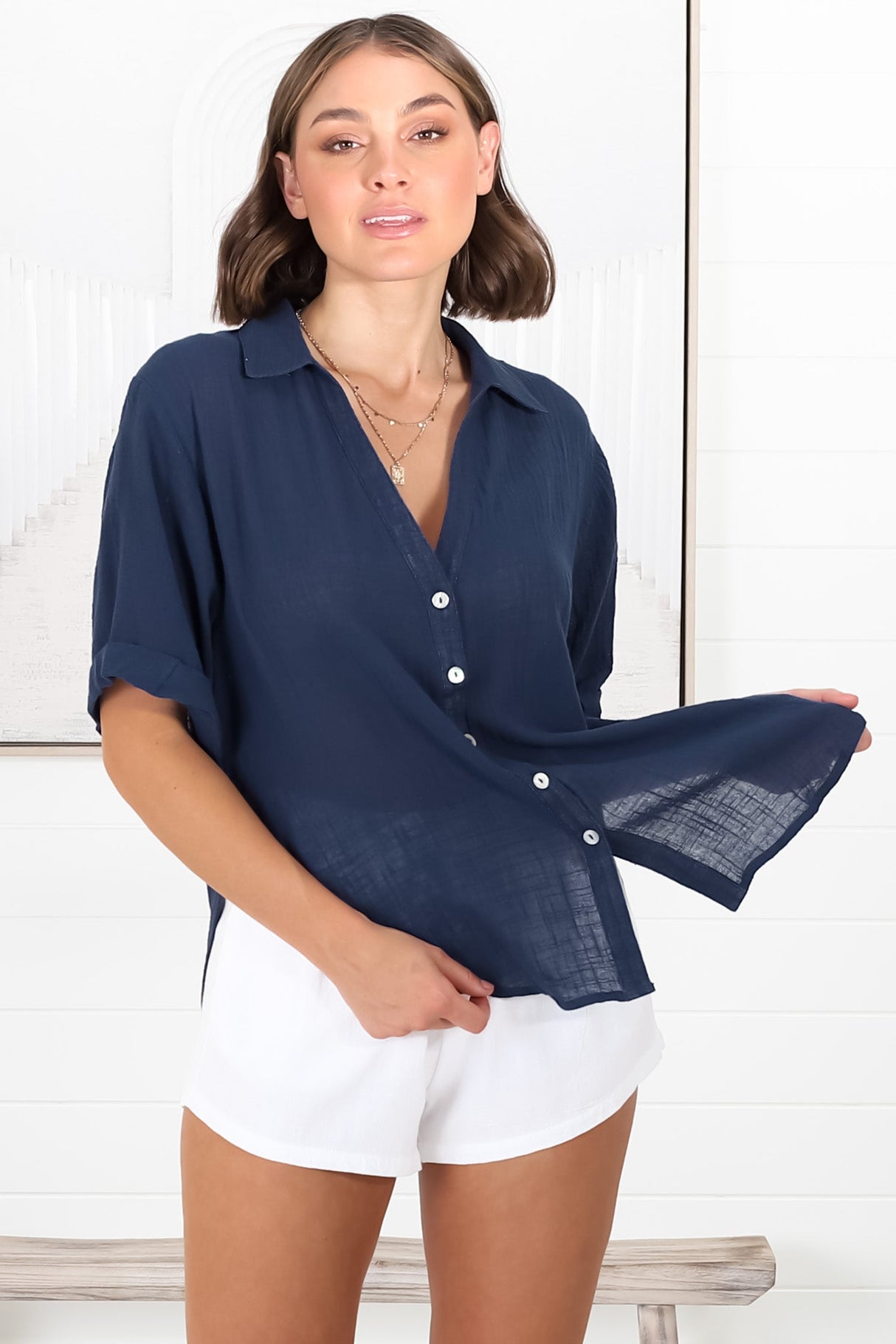 Shelly Shirt - Linen Collared Button Down Shirt in Navy