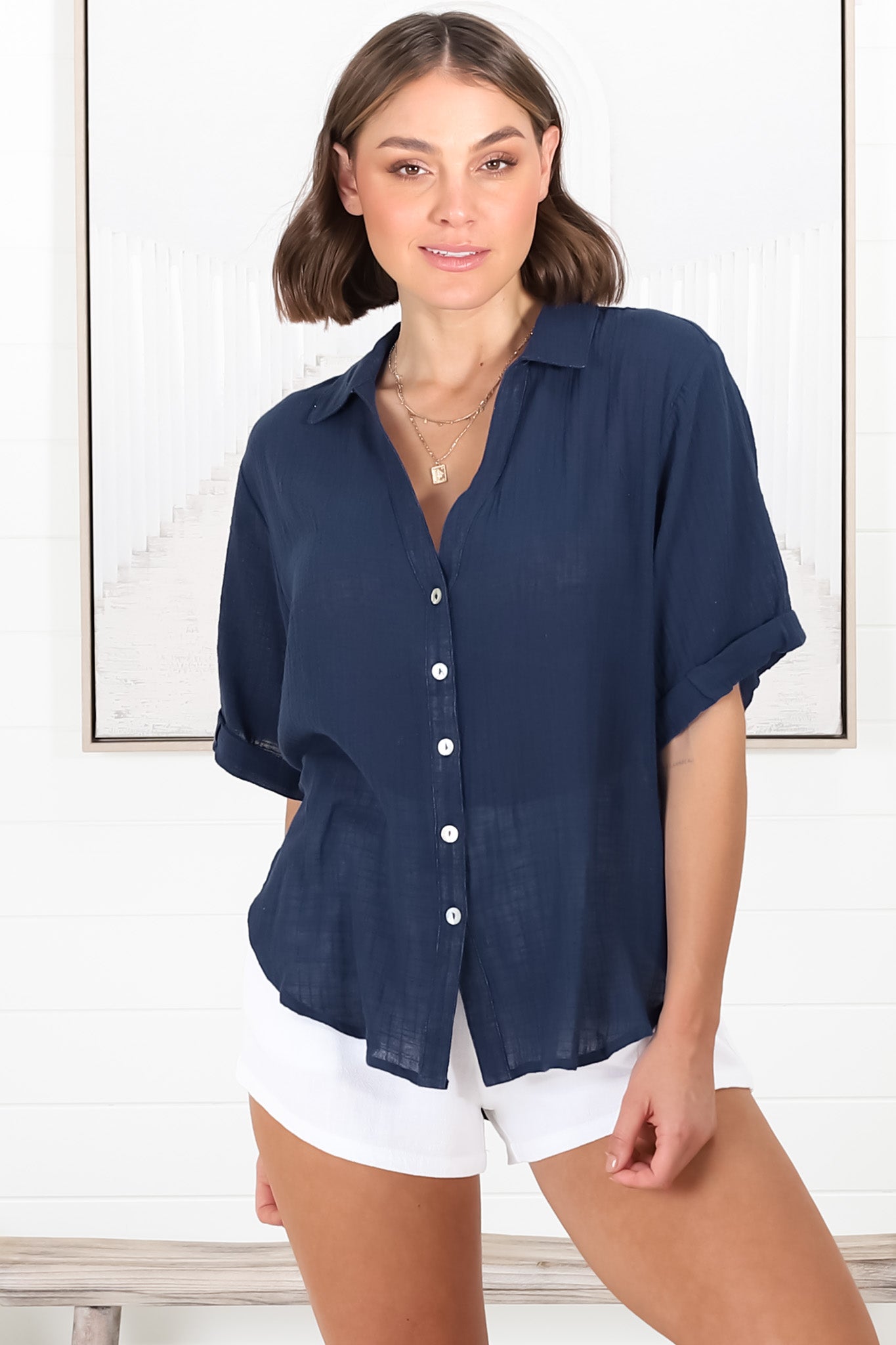 Shelly Shirt - Linen Collared Button Down Shirt in Navy