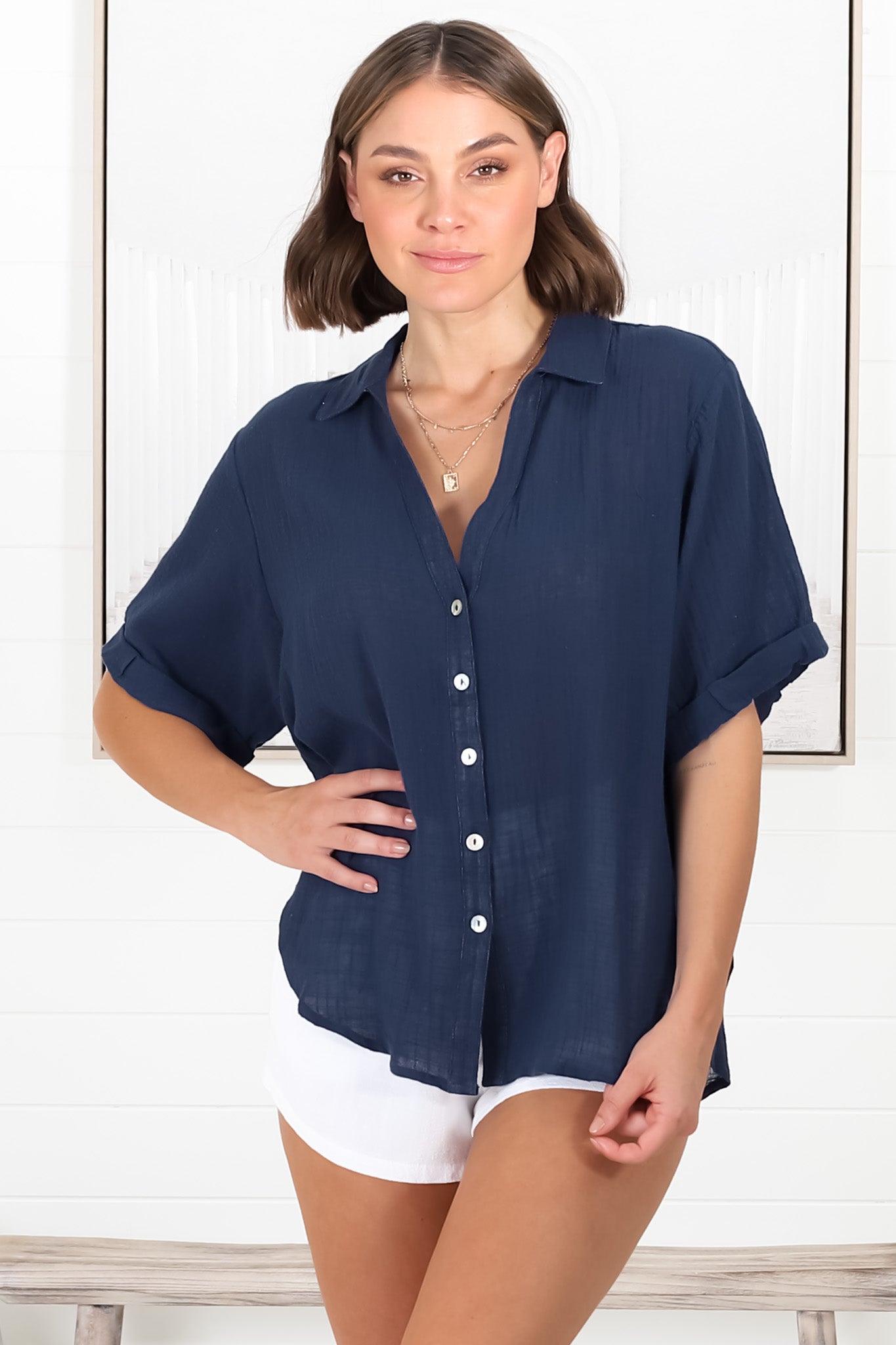 Shelly Shirt - Linen Collared Button Down Shirt in Navy