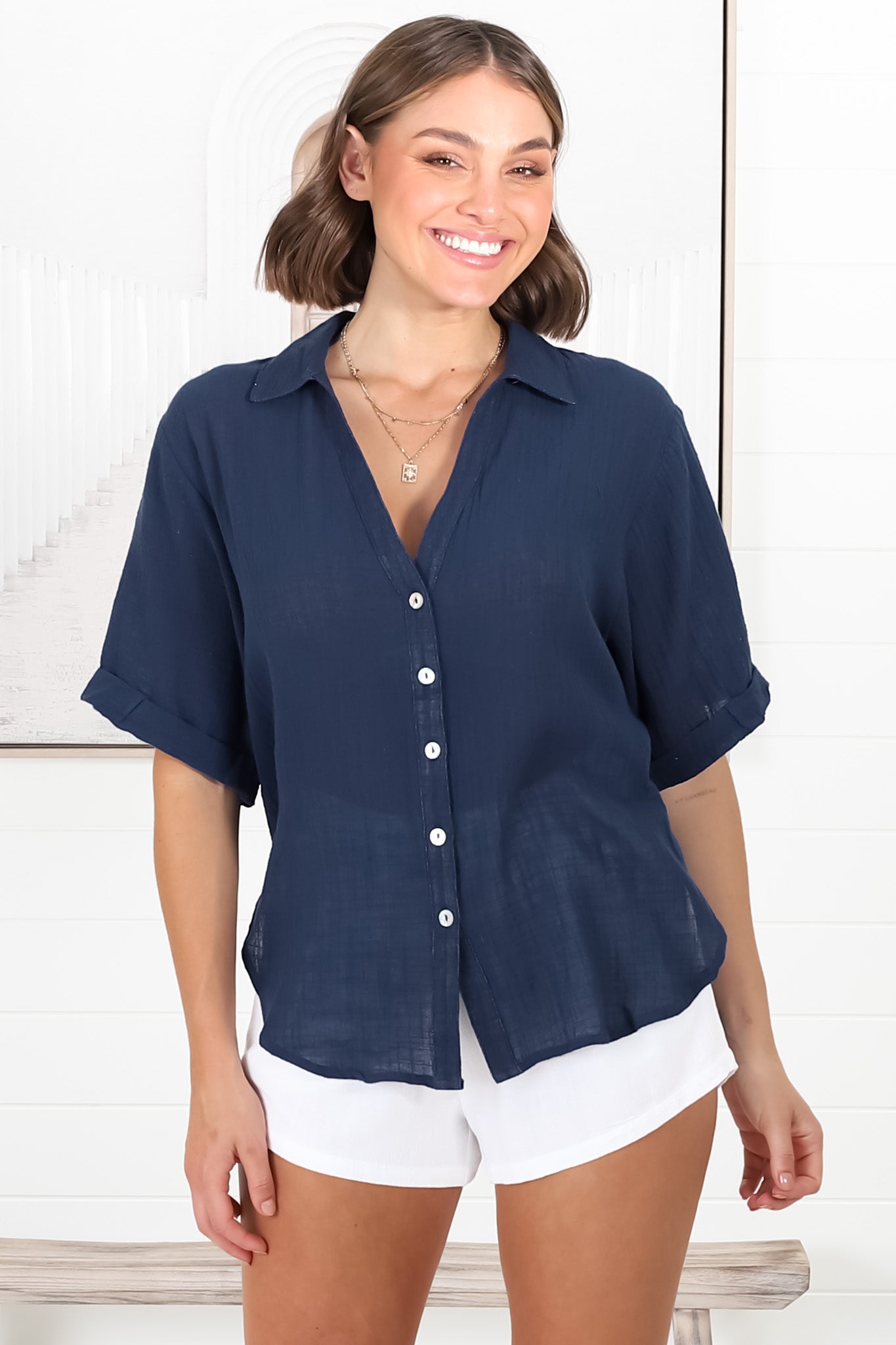 Shelly Shirt - Linen Collared Button Down Shirt in Navy