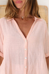 Shelly Shirt - Linen Collared Button Down Shirt in Pink