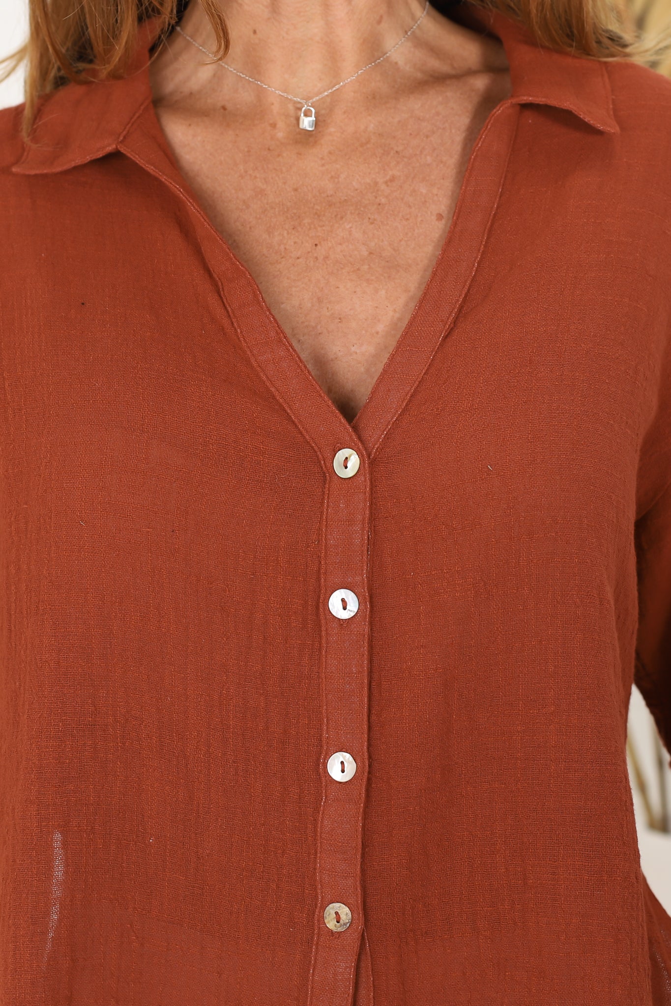 Shelly Shirt - Linen Collared Button Down Shirt in Rust